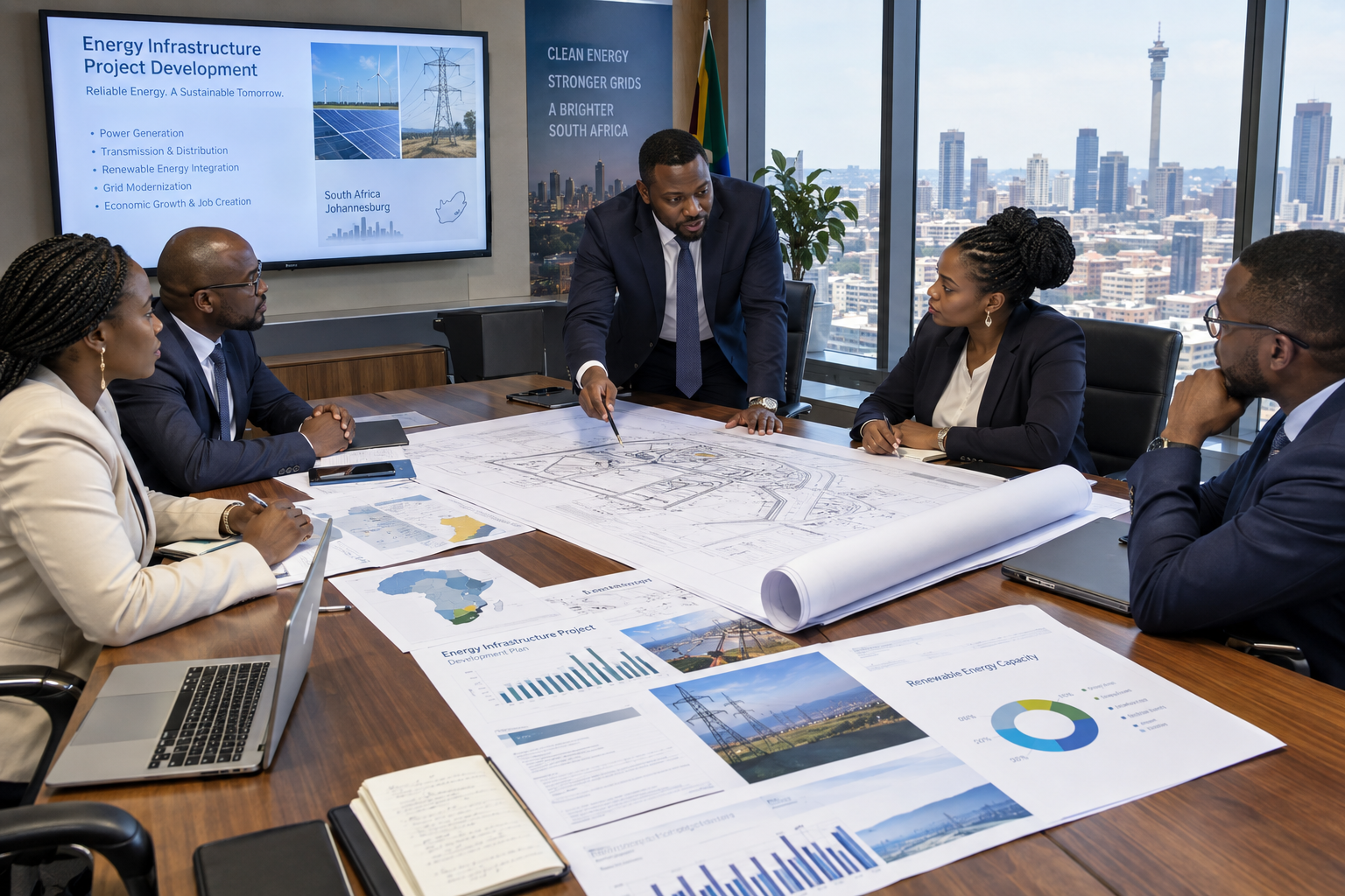 Black African energy and infrastructure development professionals in Johannesburg boardroom