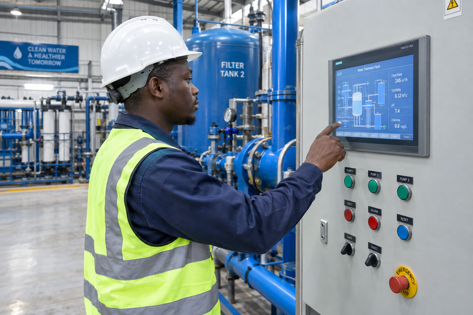 Black African engineer operating water processing plant control panel