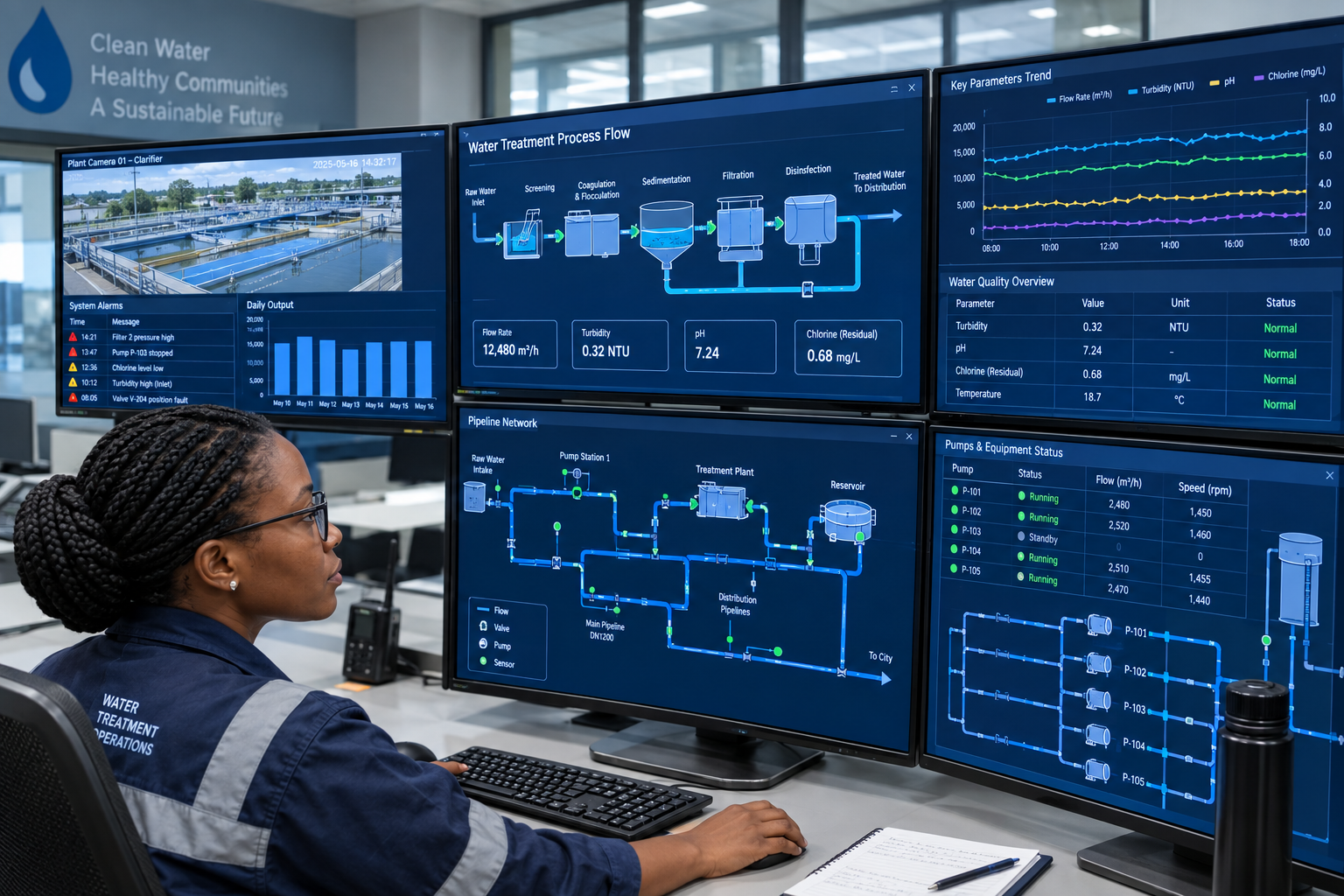 Black African engineer monitoring SCADA water treatment control system